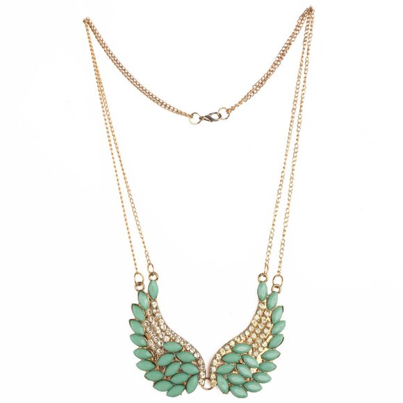 Angel Wing Statement Necklace Turquoise & Crystal Rhinestones on Gold Chain NWOT - Picture 4 of 10